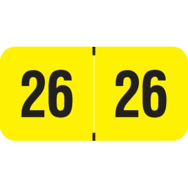 Fluorescent yellow 2026 year label with bold black “26” printed on each side, used for file folder year identification.