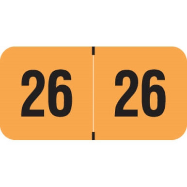 Fluorescent orange 2026 year label with bold black “26” printed on each side, used for file folder year identification.