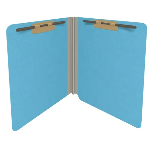 Blue 18pt end tab Econo pressboard folder open to show two bonded fasteners and no interior dividers.