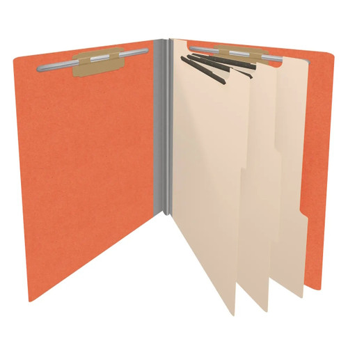 Orange end tab classification folder with three manila dividers and fasteners, DV-S43-38-18ORG