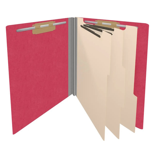 Open red end tab classification folder with three dividers and fasteners