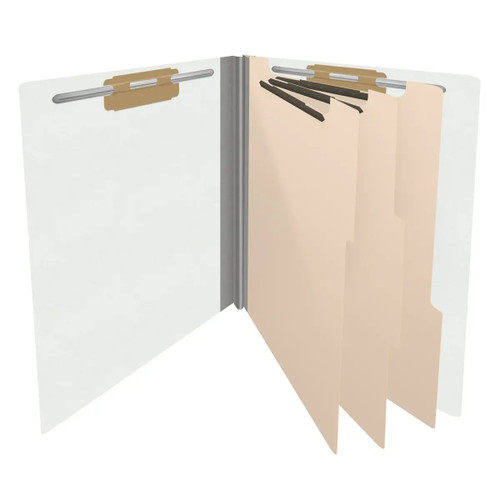 Open white end tab classification folder with three dividers and fasteners