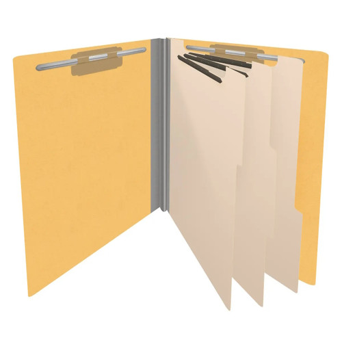 Open yellow end tab classification folder with three dividers and fasteners