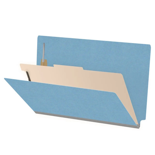 Open 18pt blue legal-size classification folder with one divider and multiple filing sections