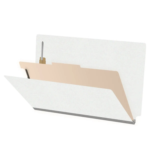 White legal-size end tab classification folder shown open with one manila divider and fasteners