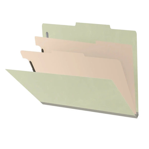 Gray/green 2-divider top tab classification folder shown open with manila dividers, fasteners, and expandable spine.