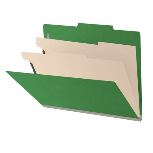 Moss green 2-divider classification folder shown partially open with top tab, manila dividers, and expandable spine.