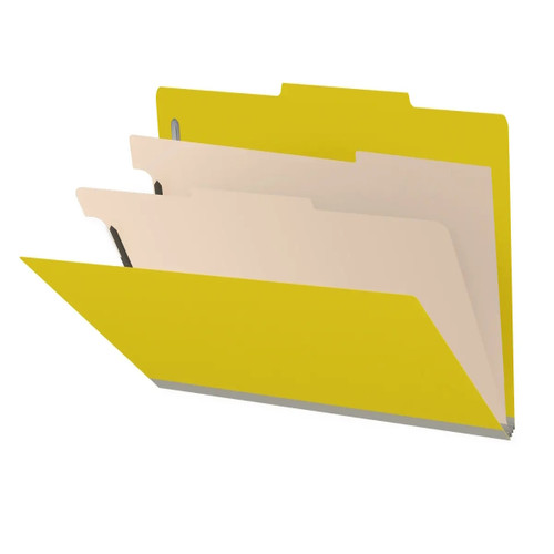 Yellow 2-divider classification folder shown partially open with top tab, manila dividers, and lemon yellow expandable spine.