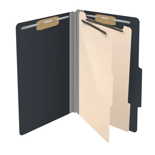 Open black legal-size classification folder showing two internal dividers and document fasteners