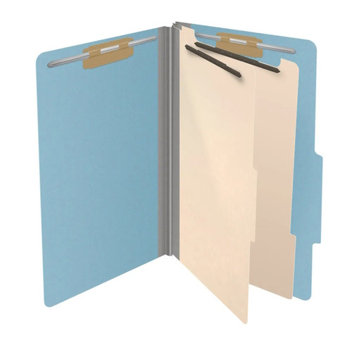 Open blue legal-size classification folder with two manila dividers and metal fasteners