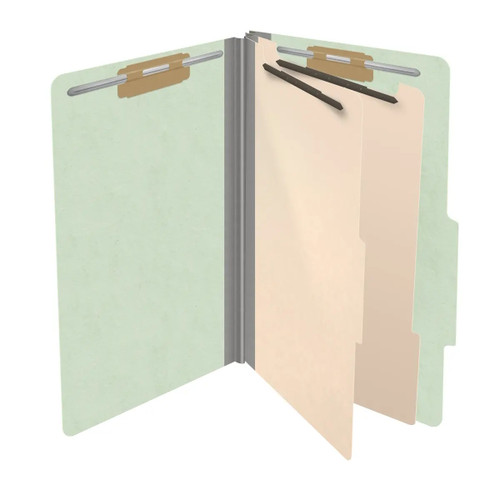 Pale green legal-size top tab classification folder with two dividers and gray expandable spine