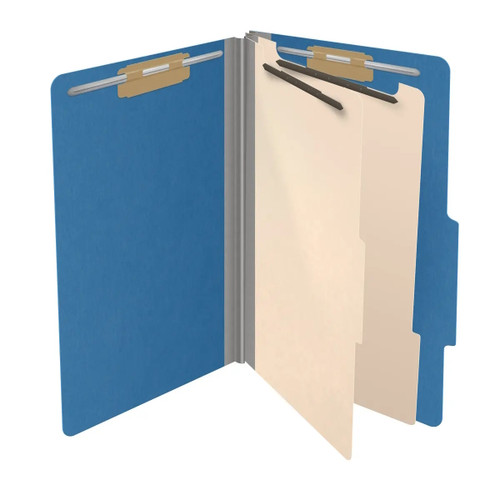 Open royal blue legal-size classification folder with two manila dividers and metal fasteners