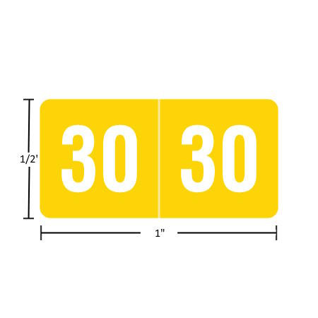 Smead-compatible ETS year label “2030” in black, single-face 1/2" x 1", polylaminated, permanent adhesive, 250 per pack