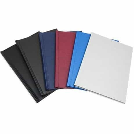 Array of Unibind hard covers fanned out, showcasing different colors including black, quartz, dark blue, bordo, azur, and white, ideal for professional document binding with a smooth, durable finish.