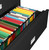 Black Phoenix 3-Drawer Lateral File Cabinet, 44 inches wide showing letter size hanging folders using optional bar.