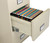Putty Phoenix 2-drawer legal size file cabinet, 25 inches deep, showing letter-size hanging folders, filed front-to-back, using included adapter bars.