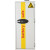 Battery Commander BSS6003 cabinet, white with yellow 'battery safe' stripe and hazard icon, door closed.