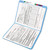 Open light blue file folder holding printed forms with color-coded labels on the tab