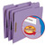 Several lavender fastener file folders with a circular graphic highlighting the reinforced tab designed to last longer.