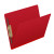 Open deep red end tab classification folder showing 2-inch expansion gusset and bonded fasteners on inside covers
