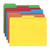 Assorted color letter-size file folders with 1/3-cut reinforced top tabs in assorted positions, shown in a stacked arrangement, Smead standard 11 pt stock.