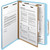 Letter size blue classification folder holding documents secured with metal fasteners on divider and folder panels