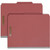Front and back view of red top tab pressboard classification folders with reinforced expansion spine