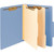 Blue letter-size classification folder with two manila dividers, top tab, and fasteners on all filing surfaces shown open against a white background.