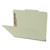 Gray green pressboard top tab classification folder opened to show interior with two bonded fasteners and no divider