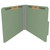 Green pressboard top tab classification folder opened to show interior with two bonded fasteners and no divider