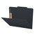 Low angled view of black pressboard top tab classification folder showing front panel, top tab, and bonded fastener