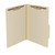 Open angled view of legal size manila top tab classification folder with no divider and two bonded fasteners