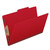 Low angled view of deep red legal size top tab classification folder showing front panel, top tab, and bonded fastener