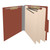 Open red letter size top tab classification folder with three manila dividers, 2-inch bonded fasteners on the front and back panels, and 1-inch fasteners on each divider.