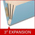 Angled side view of a blue letter size top tab classification folder showing three manila dividers and a 3-inch gray Tyvek expansion.