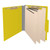 Open green letter size top tab classification folder with three manila dividers, 2-inch bonded fasteners on the front and back panels, and 1-inch fasteners on each divider.