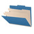 Side angle view of an open royal blue letter size top tab classification folder showing three manila dividers and expanding filing sections.