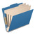 Angled view of a royal blue letter size top tab classification folder with three manila dividers and 3-inch gray Tyvek expansion.
