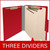 Open deep red letter size top tab classification folder with three manila dividers, 2-inch bonded fasteners on the covers, and 1-inch fasteners on each divider.