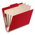 Angled view of a deep red letter size top tab classification folder with three manila dividers and 3-inch gray Tyvek expansion.
