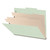 Side angle view of an open pale green letter size top tab classification folder showing three manila dividers and expanding filing sections.
