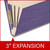 Angled side view of a purple letter size top tab classification folder showing three manila dividers and a 3-inch gray Tyvek expansion.