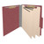 Open dark red letter size top tab classification folder with three manila dividers, 2-inch bonded fasteners on the front and back panels, and 1-inch fasteners on each divider.