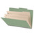 Side angle view of an open green legal size top tab classification folder showing three manila dividers and expanding filing sections.