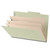 Side angle view of an open gray/green legal size top tab classification folder showing three manila dividers and expanding filing sections.