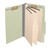 Open gray/green legal size top tab classification folder with three manila dividers, 2-inch bonded fasteners on the front and back panels, and 1-inch fasteners on each divider.