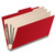 Angled view of a deep red legal size top tab classification folder with three manila dividers and 3-inch gray Tyvek expansion.