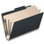Angled view of a black legal size top tab classification folder with three manila dividers and 3-inch gray Tyvek expansion.