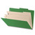 Side angle view of an open moss green legal size top tab classification folder showing three manila dividers and expanding filing sections