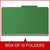Front view of a moss green legal size top tab classification folder with 3-inch gray Tyvek expansion, packaged 10 folders per box